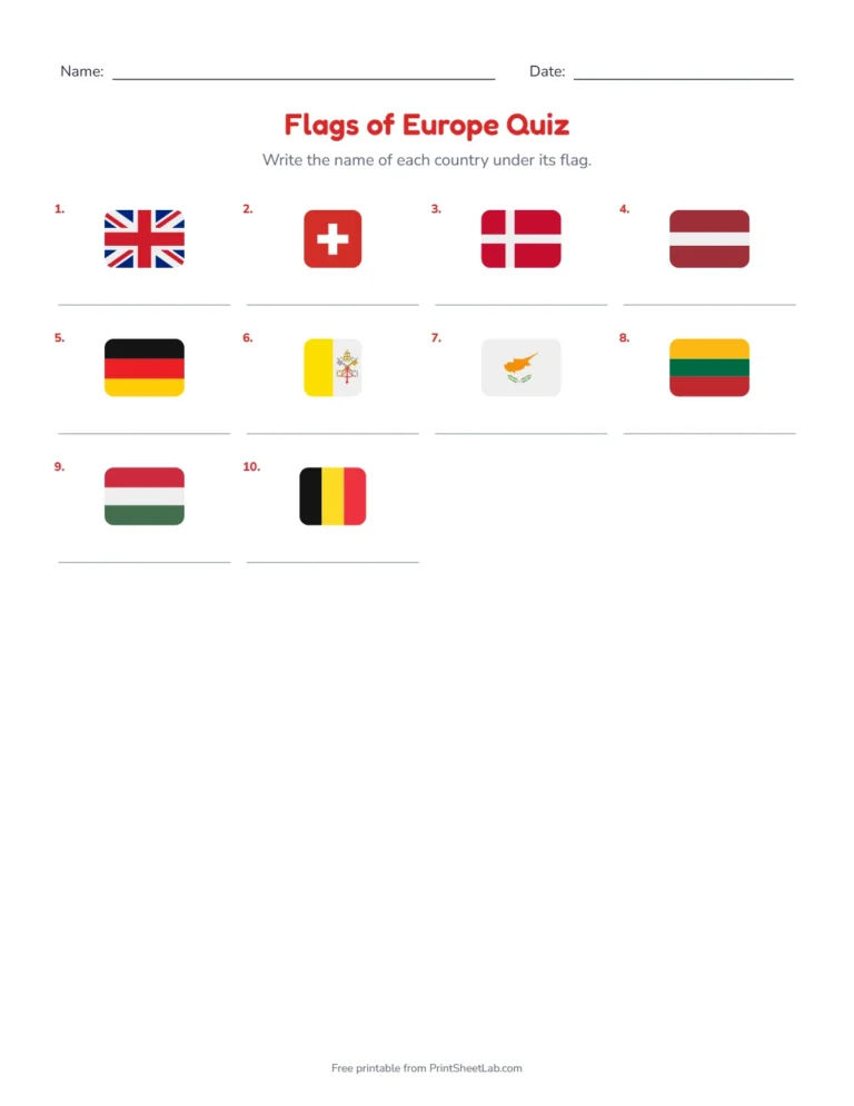 Flags of Europe quiz write-in sheet with a grid of flags to name