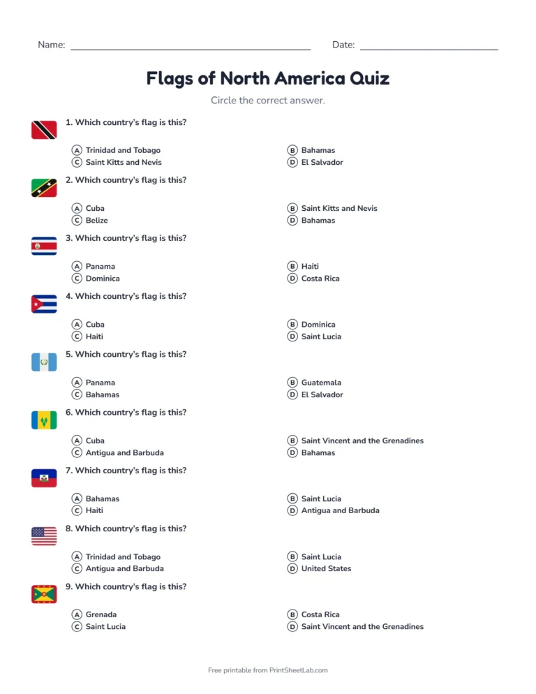 Flags of North America quiz sheet in black and white with 20 questions