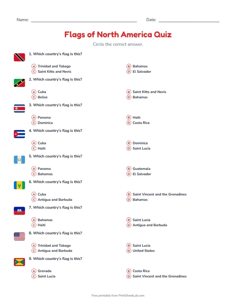 Flags of North America quiz: printable multiple-choice quiz sheet with 12 questions