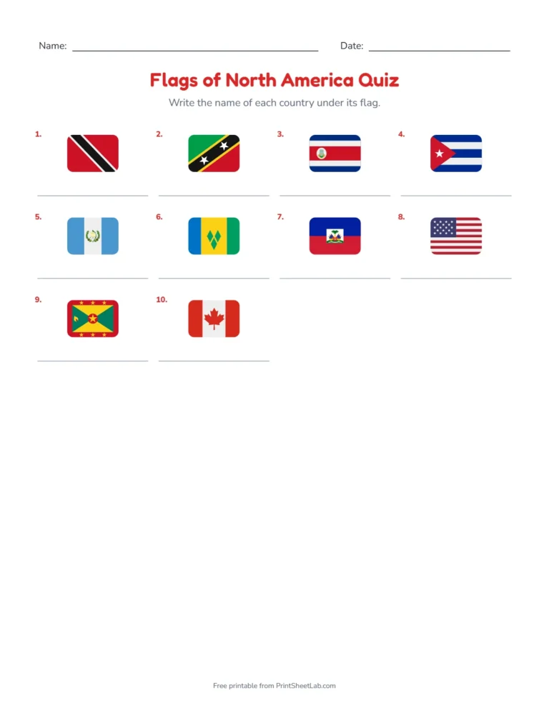 Flags of North America quiz write-in sheet with a grid of flags to name