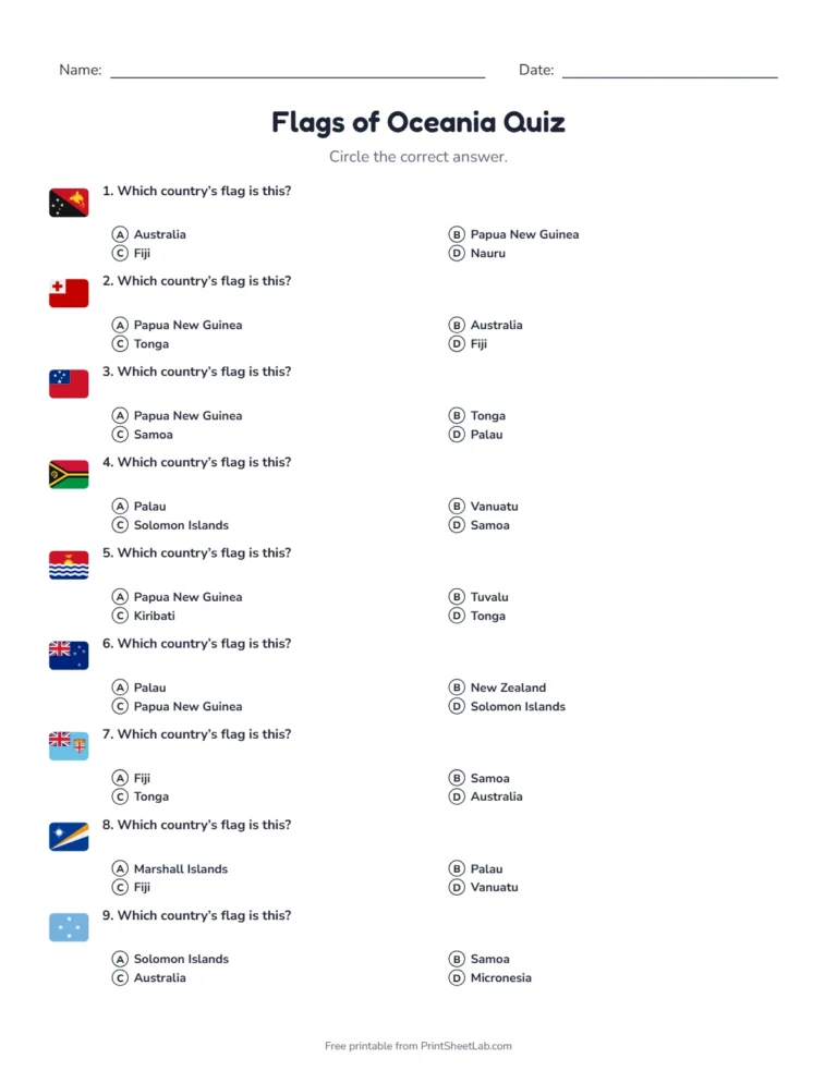 Flags of Oceania quiz sheet in black and white with 14 questions