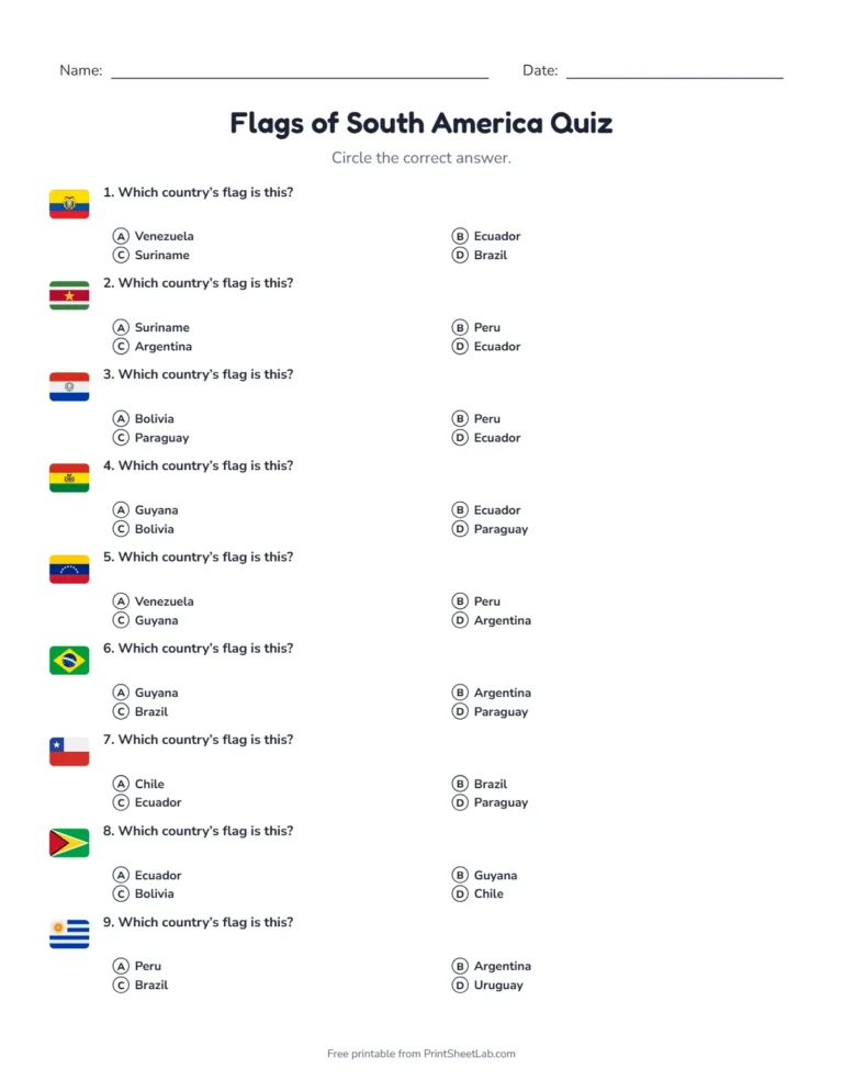 Flags of South America quiz sheet in black and white with 12 questions