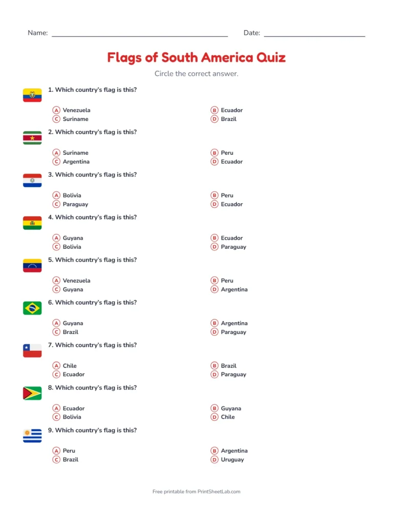 Flags of South America quiz: printable multiple-choice quiz sheet with 12 questions