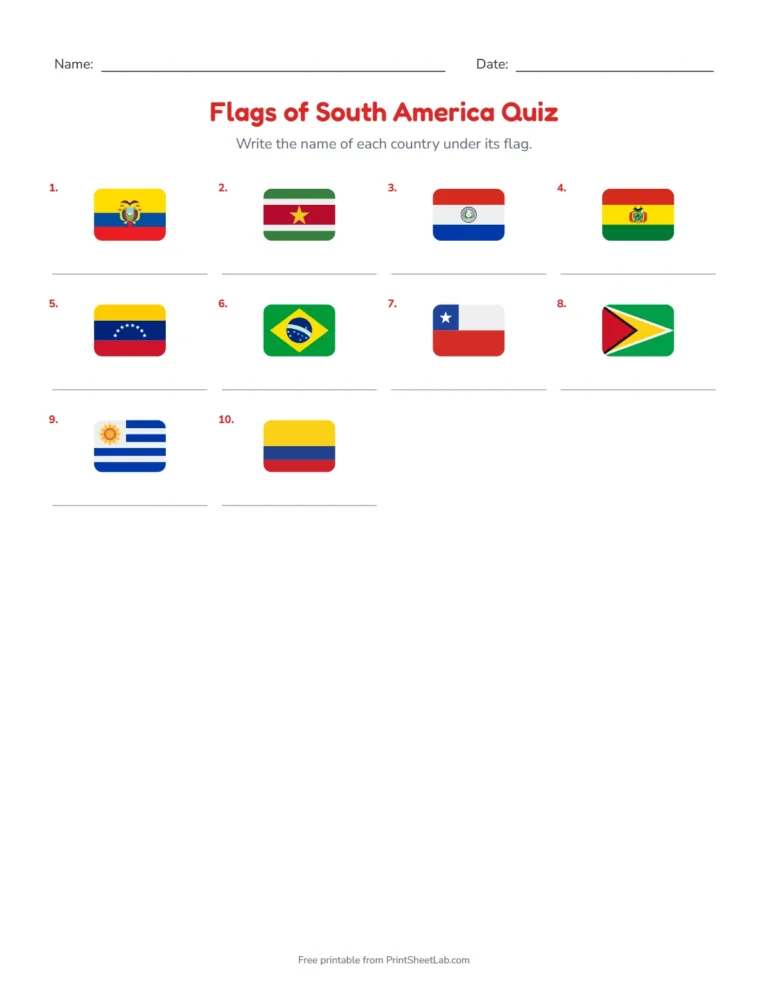 Flags of South America quiz write-in sheet with a grid of flags to name