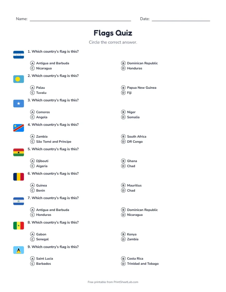 Flags quiz sheet in black and white with 20 questions