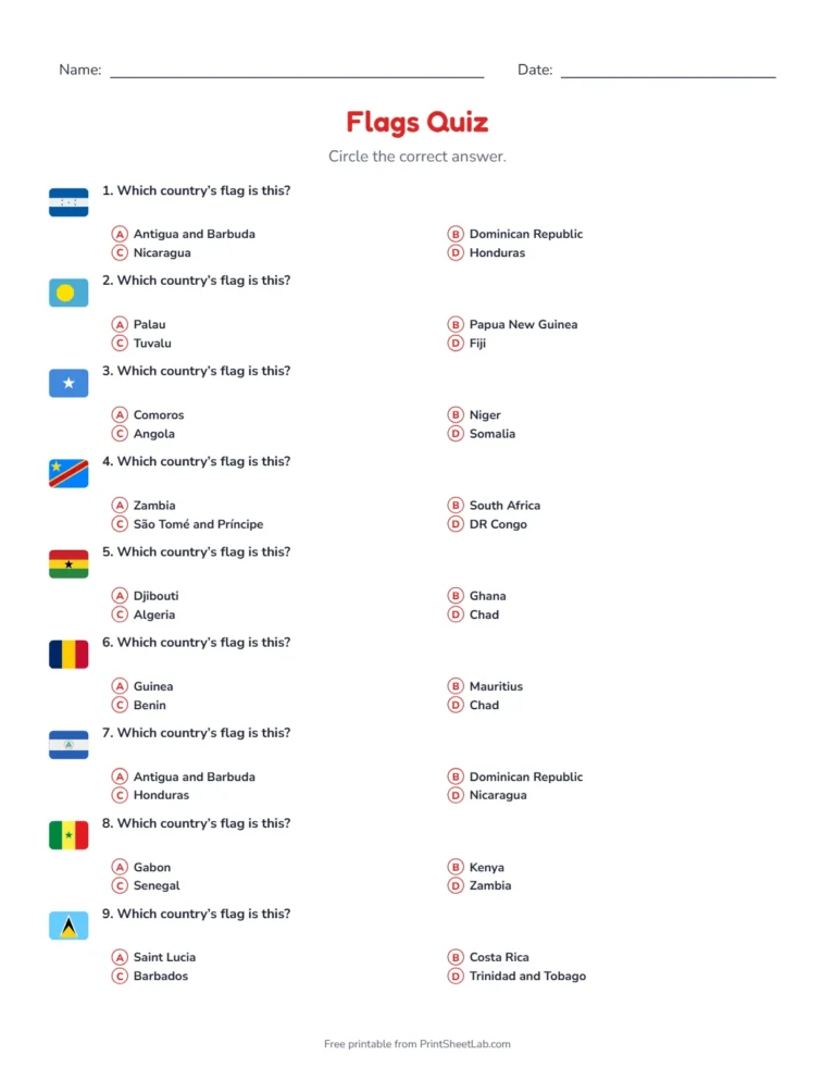 Flags quiz: printable multiple-choice quiz sheet with 12 questions
