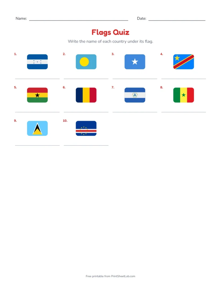 Flags quiz write-in sheet with a grid of flags to name