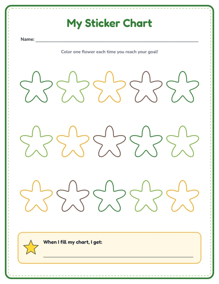 Sticker chart printable with 15 flowers in forest colors