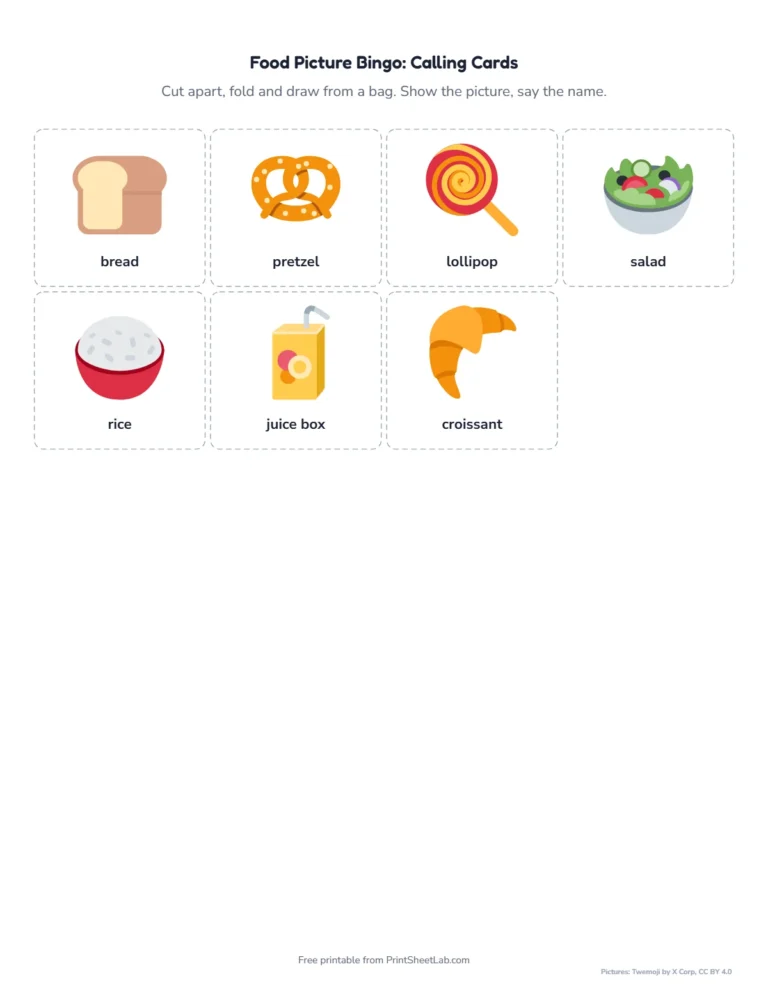 Food bingo calling cards to cut out and draw from a bag