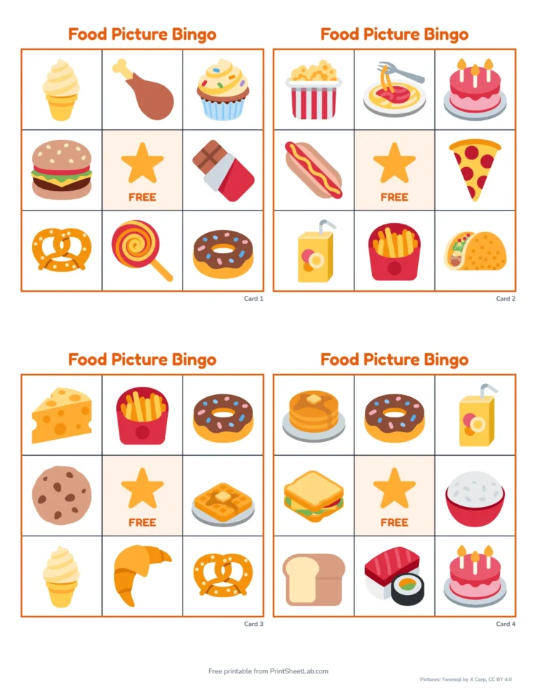 Food bingo cards for preschool: 3 by 3 picture-only cards with a free star