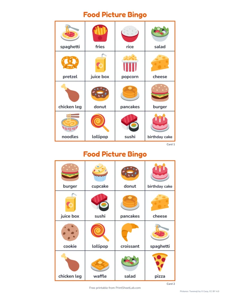 Food bingo printable: 4 by 4 picture cards with a word under each picture