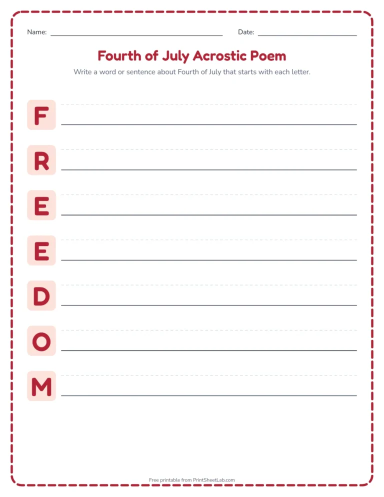Fourth of July acrostic poem worksheet: write a word for each letter of FREEDOM