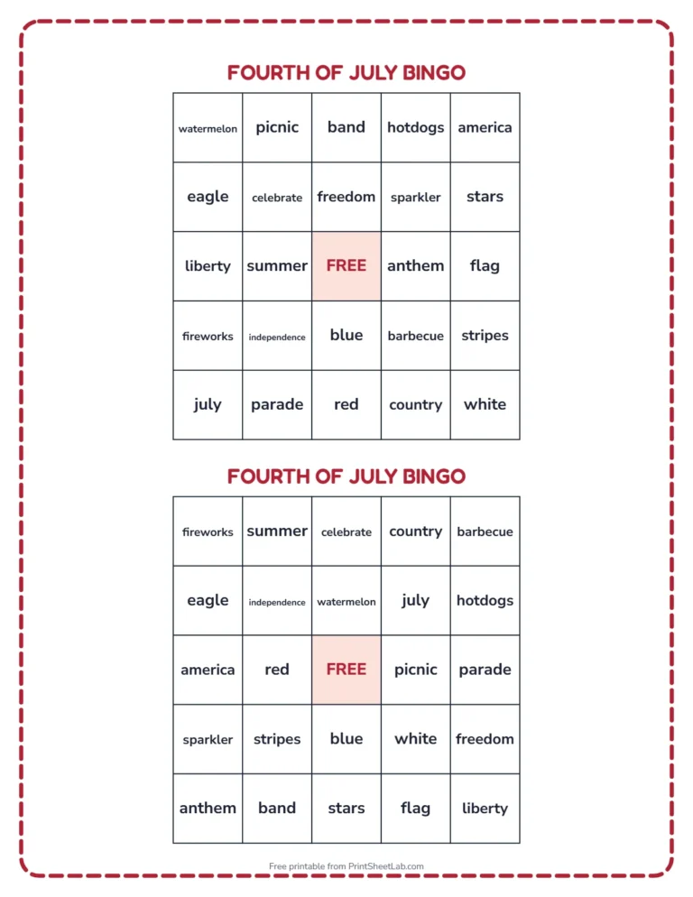 Fourth of July bingo printable: two different bingo cards with Fourth of July words