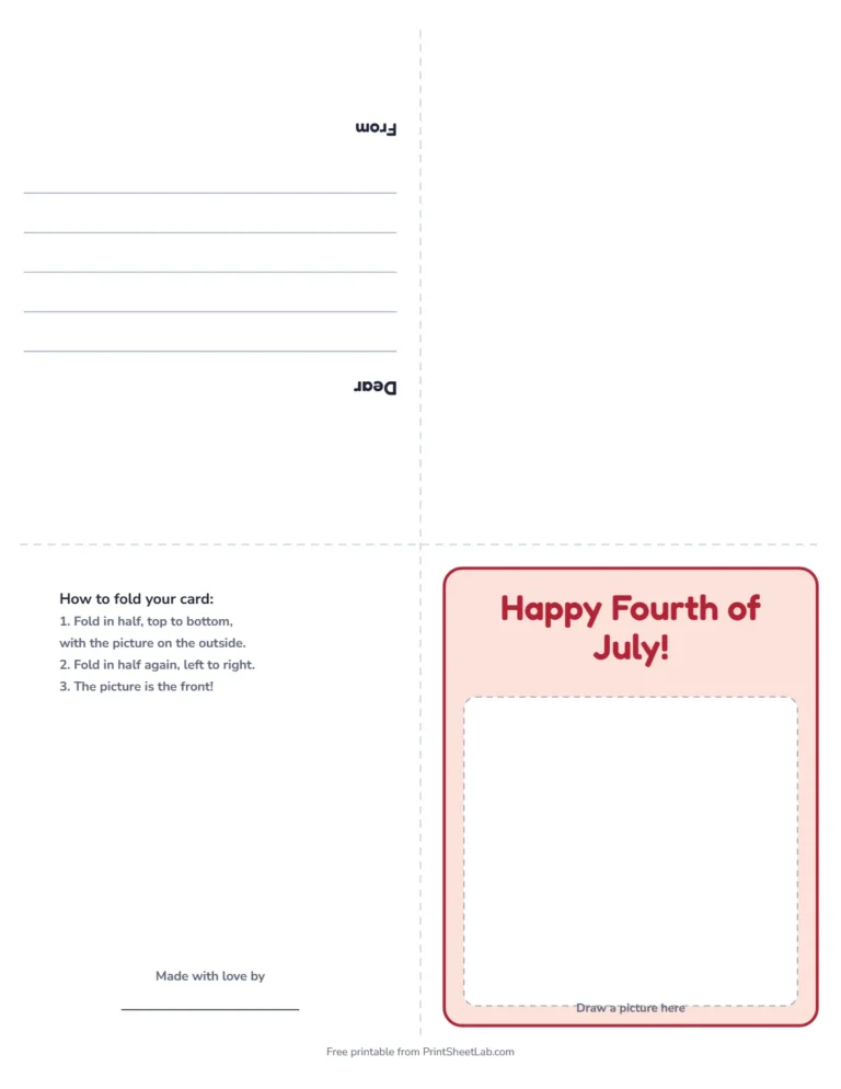 Fourth of July card printable: a fold-up greeting card that says Happy Fourth of July!