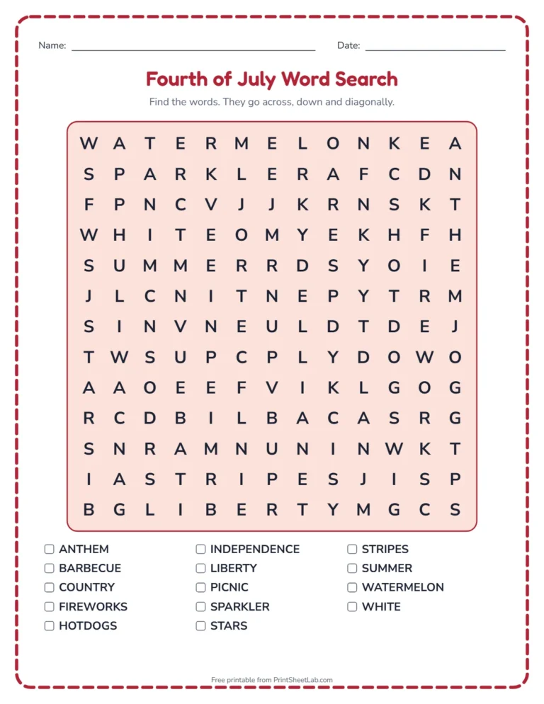 Fourth of july worksheets: word search printable with Fourth of July words and a word list