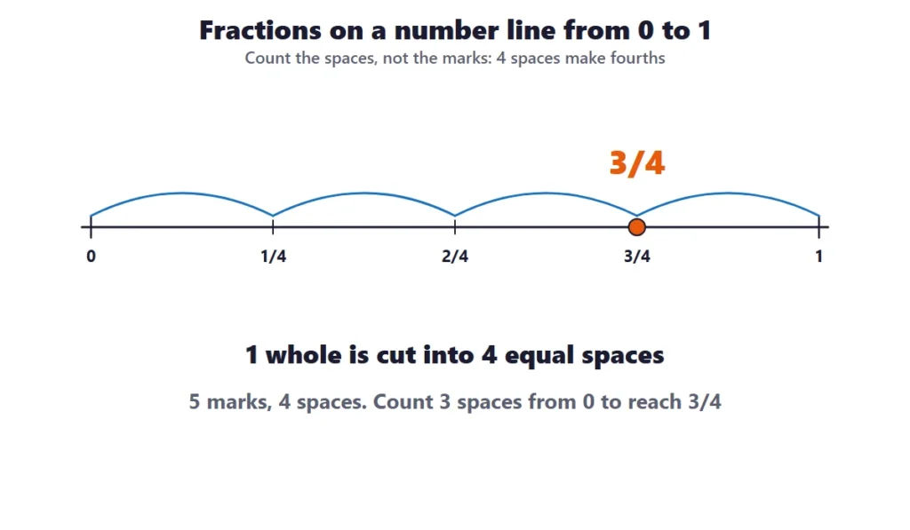 Fractions on a number line: fourths from 0 to 1 with 3/4 marked