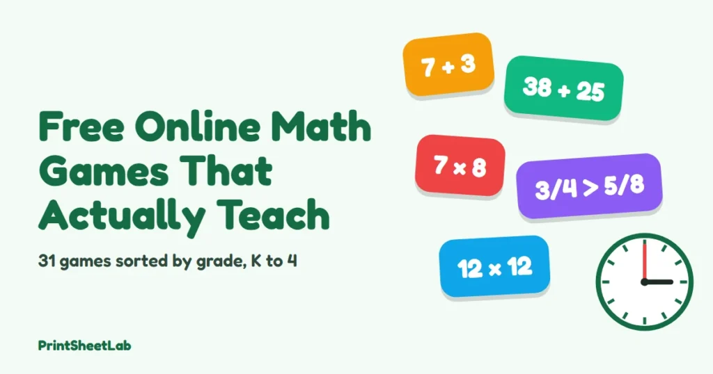 Free online math games for kids: cover with number tiles, a times table card and a clock