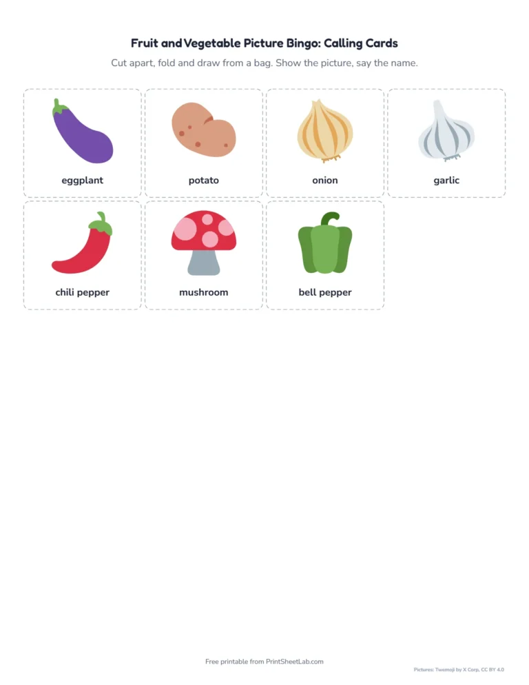 Fruit and vegetable bingo calling cards to cut out and draw from a bag