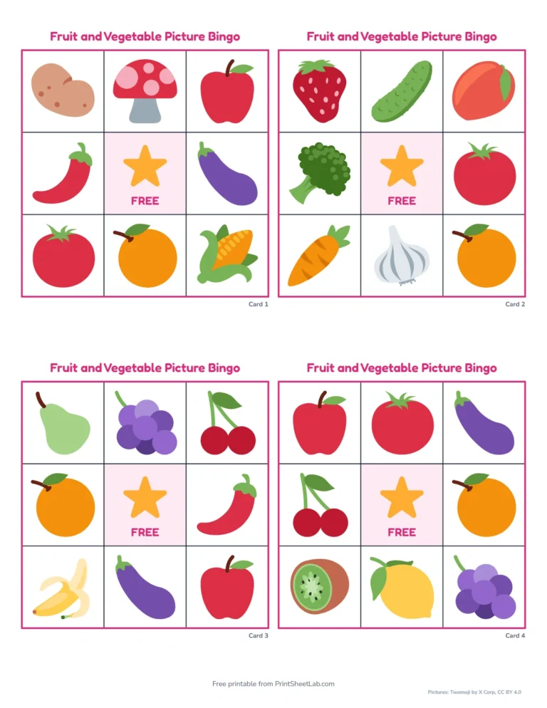 Fruit and vegetable bingo cards for preschool: 3 by 3 picture-only cards with a free star