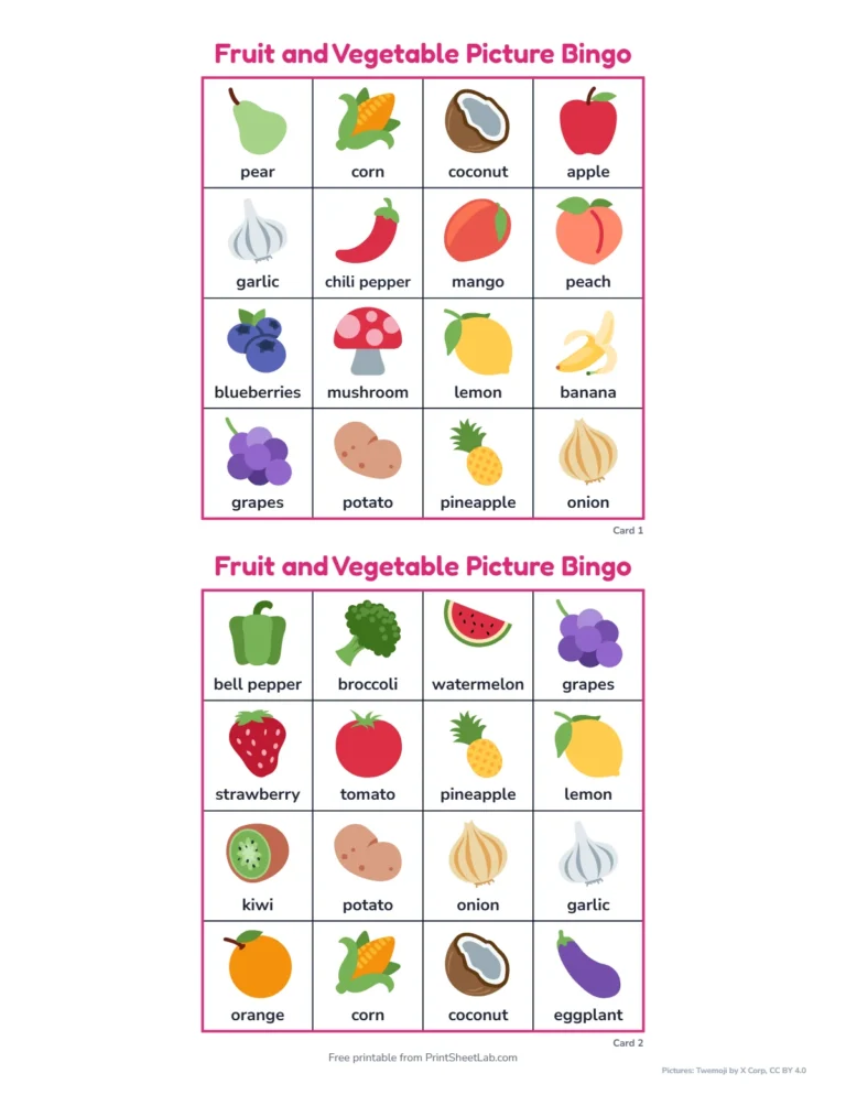 Fruit and vegetable bingo printable: 4 by 4 picture cards with a word under each picture
