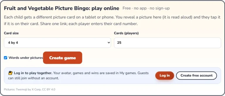 Play fruit and vegetable bingo online: the setup screen for the picture bingo game with card size and player count