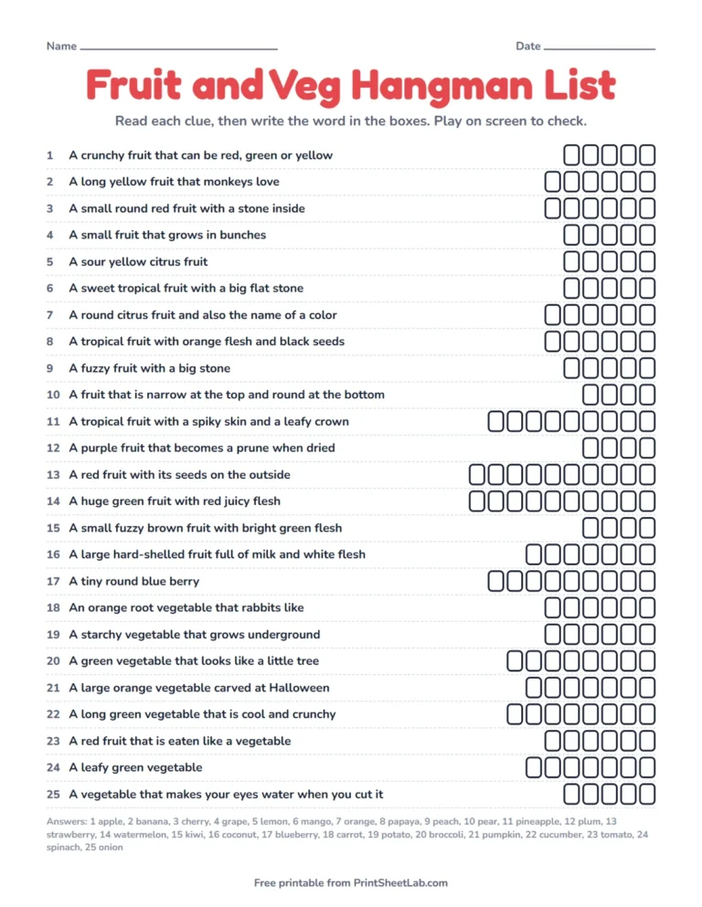 Fruits and vegetables word game printable: fruits and vegetables hangman word list with clues and empty letter boxes