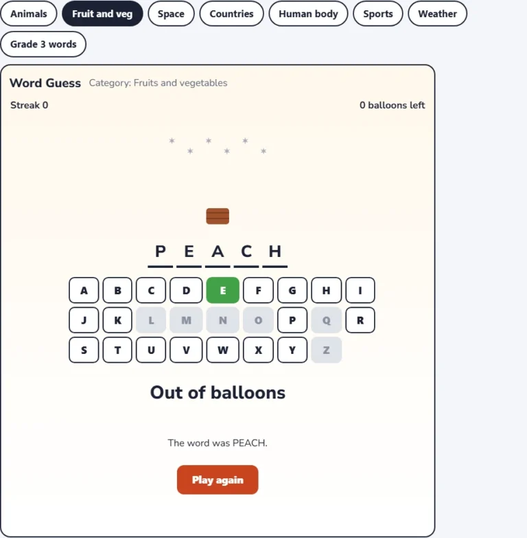 Word guess game for kids: fruits and vegetables hangman in the middle of a round with two balloons popped