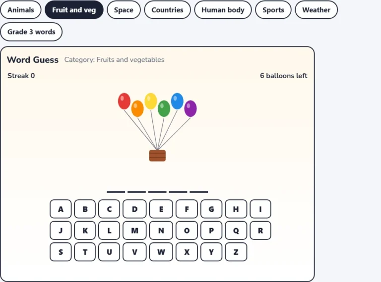 Fruits and vegetables hangman game with a new hidden word, six balloons and the letter keyboard