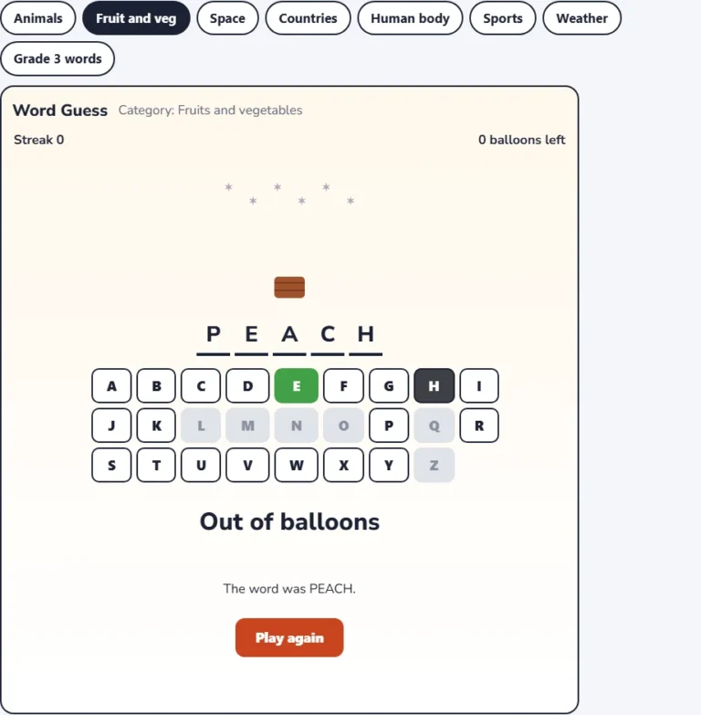 Fruits and vegetables word game win screen showing the guessed word and the streak