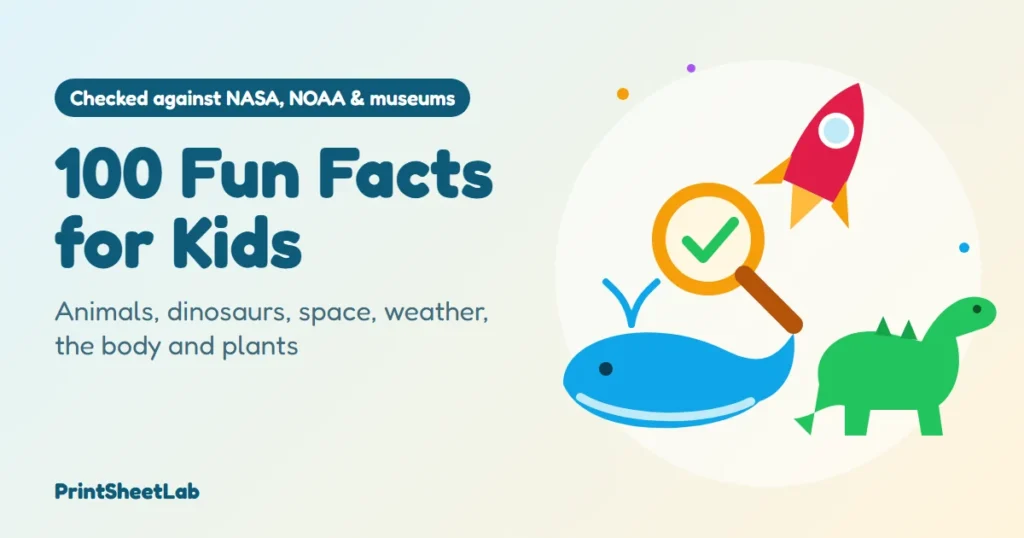 Fun facts for kids cover with a whale, a rocket, a dinosaur and a magnifying glass