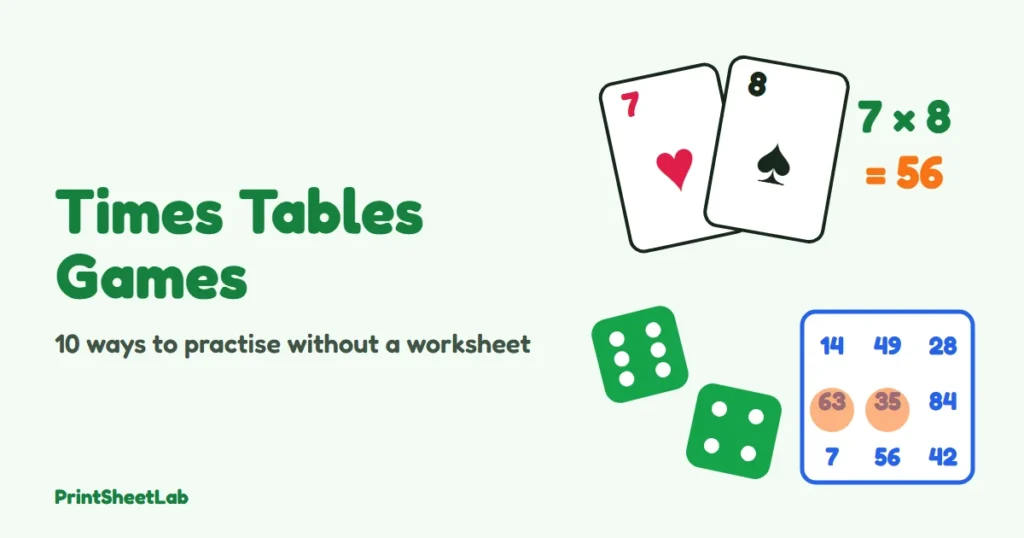 Fun ways to practise times tables cover with playing cards, two dice and a bingo card