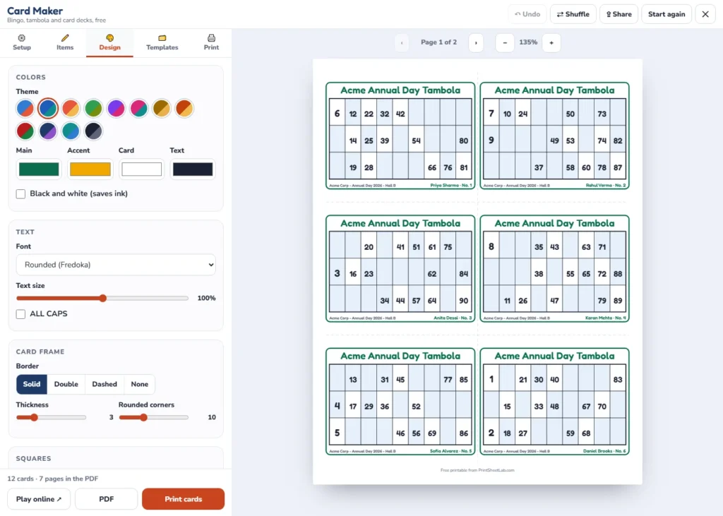 The Design tab of the card maker with brand colors set for office tambola game tickets