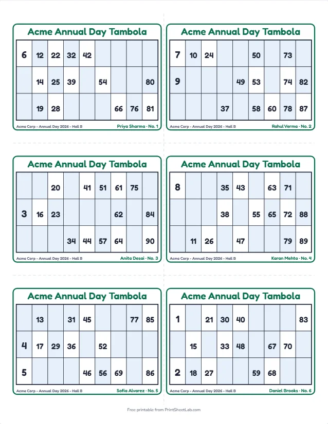 Corporate tambola tickets with a company title, footer text and a name printed on every ticket