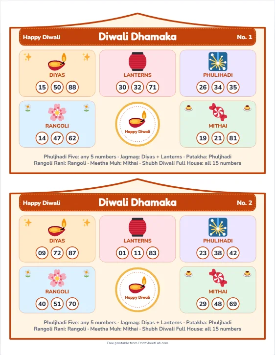 Illustrated Diwali Dhamaka theme tickets for a tambola for office party celebration