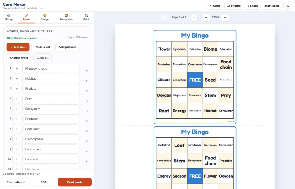 The Items tab of the card maker with 30 science words pasted in, ready for a bingo vocabulary game