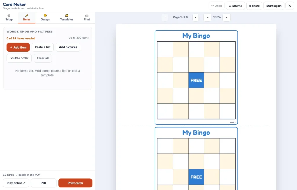 How to make bingo cards with the free card maker: the Items tab with Add item, Paste a list and Shuffle order next to a live preview