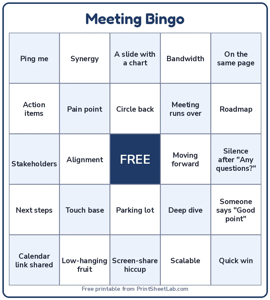 Office bingo card with 24 meeting buzzword squares and a free center, made from the first sample list