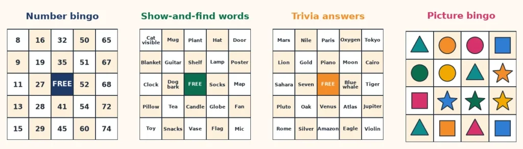 Virtual bingo ideas on four card styles: a 75-ball number card, a show-and-find word card, a trivia answer card and a 4x4 picture card