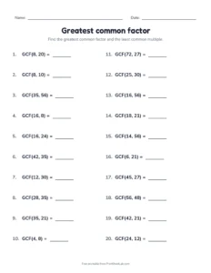 Greatest common factor printable worksheet for grade 6