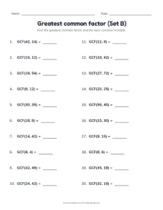Greatest common factor (Set B) printable worksheet for grade 6