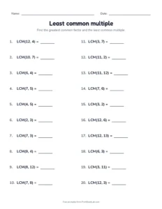 Least common multiple printable worksheet for grade 6