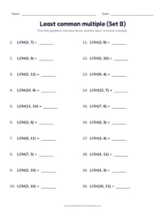 Least common multiple (Set B) printable worksheet for grade 6