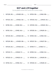 GCF and LCM together printable worksheet for grade 6