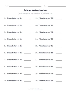 Prime factorization printable worksheet for grades 5 and 6