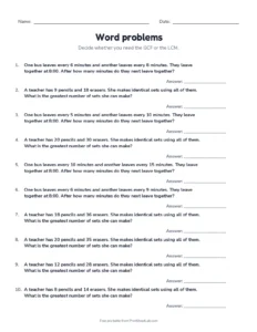 Word problems printable worksheet for grade 6