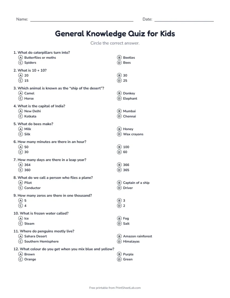 General knowledge quiz for kids sheet in black and white with 20 questions