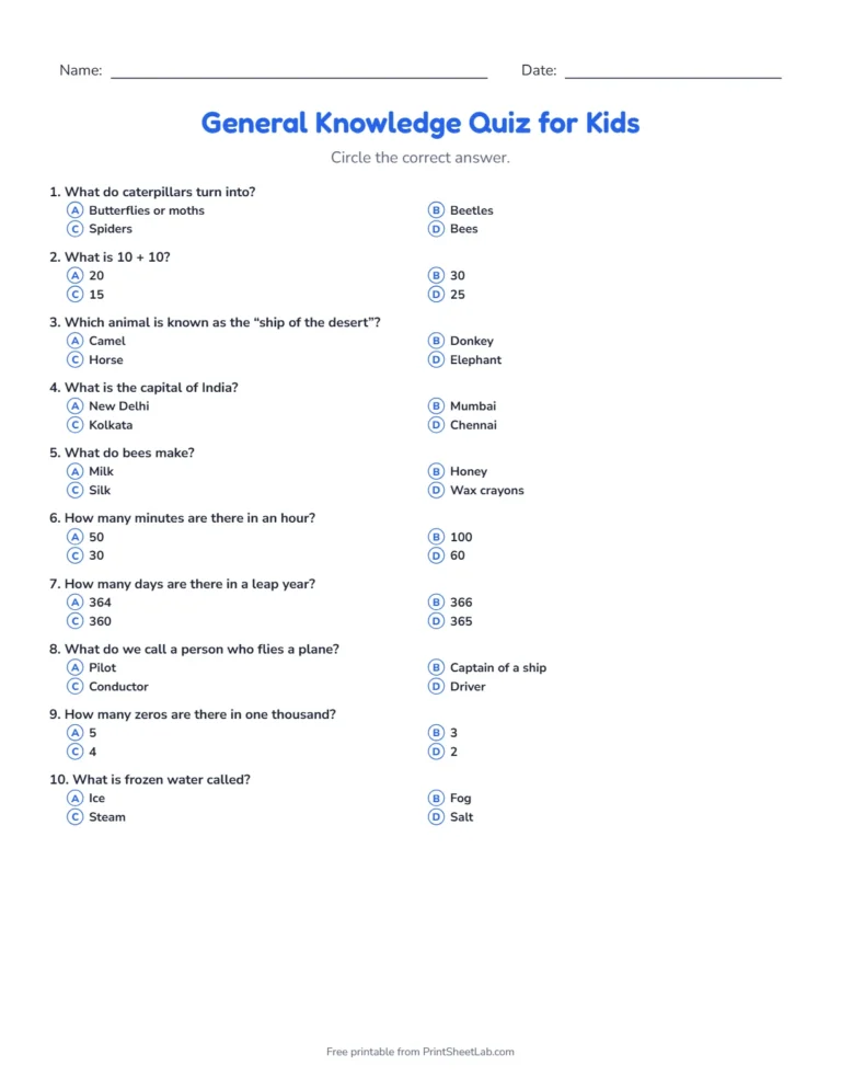 General knowledge quiz for kids: printable multiple-choice quiz sheet with 12 questions