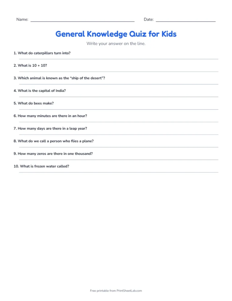 General knowledge quiz for kids write-in sheet with lines for the answers