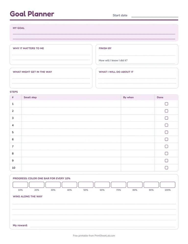 Goal planner printable page with ten steps, obstacles, a progress bar and a reward