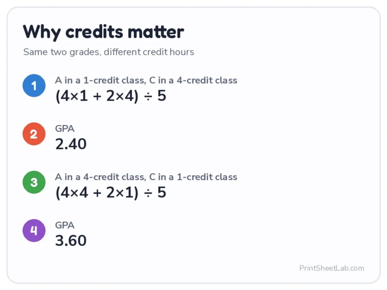 College GPA calculator example showing how credit hours change the GPA